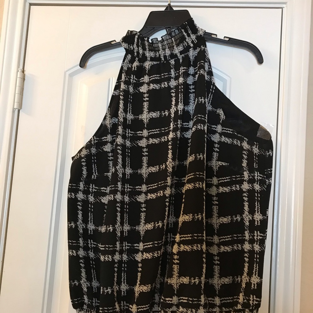 Black and white high ruffle neck back neck tie top